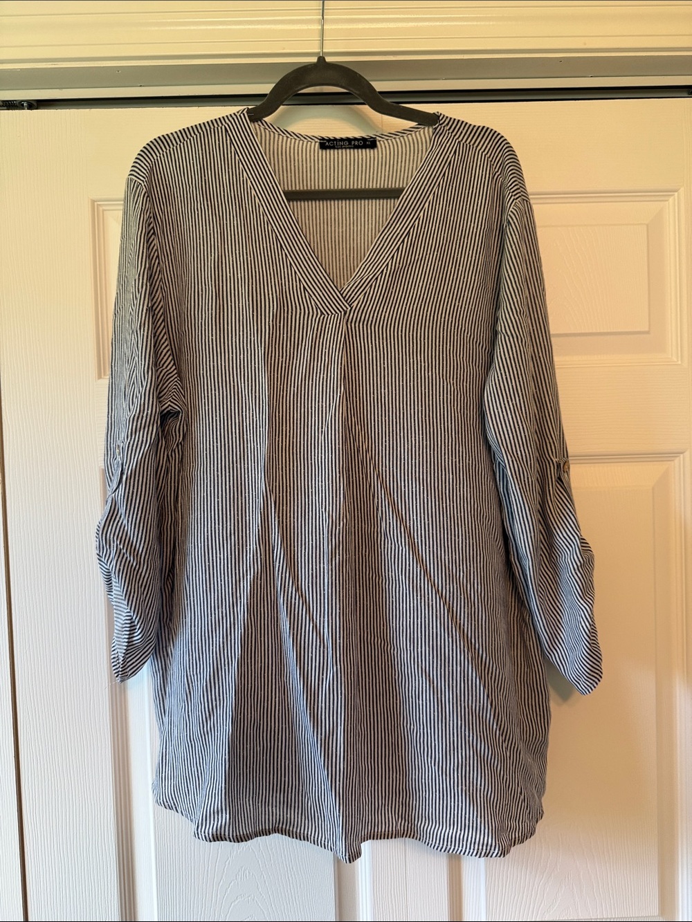 Acting Pro Navy and White Striped V-Neck Tunic with Front Pleat